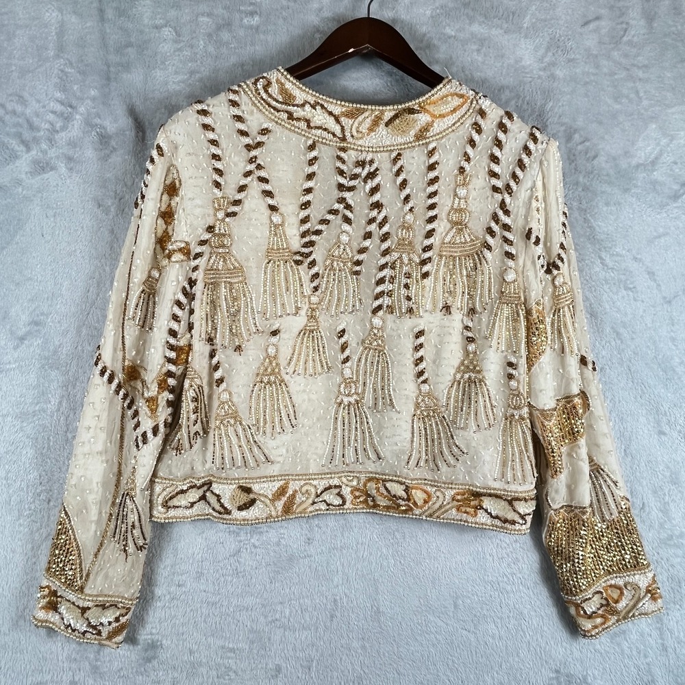 Vintage Niteline Della Roufogali Womens M Silk Beaded Tassel Evening Jacket Gold - Picture 11 of 16